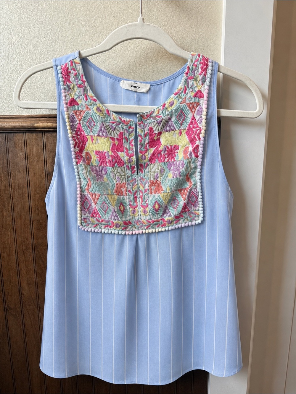 entro Light Blue Sleeveless Embroidered Bib Tank